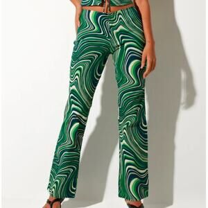 Motel Rocks Coban Trouser Ripple Retro Bootcut Low Rise Low Waist Pants Green XS